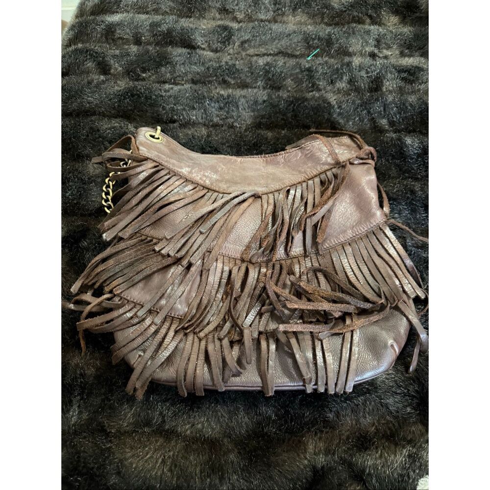 Marta Ponti Cognac brown Genuine Leather Fringe Boho Hobo Shoulder Bag 11.5x11